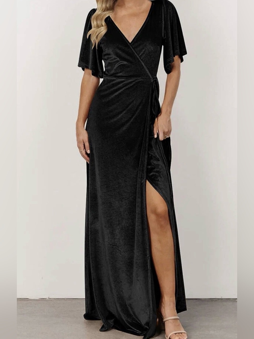 MEROKEETY Women's V Neck Wrap Velvet Maxi Dress Bell Sleeve Split Party Dress L